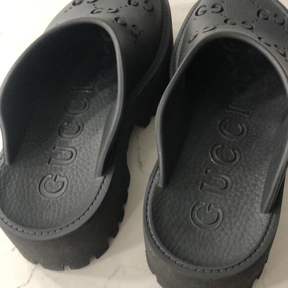 Gucci Platform Perforated GG Sandal Lug Sole Rubber Slides Closed Toe Black - Picture 14 of 16